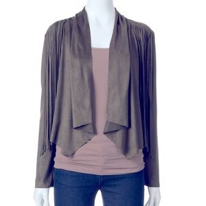 About A Girl brown faux shade uneven crop jacket with fringe.